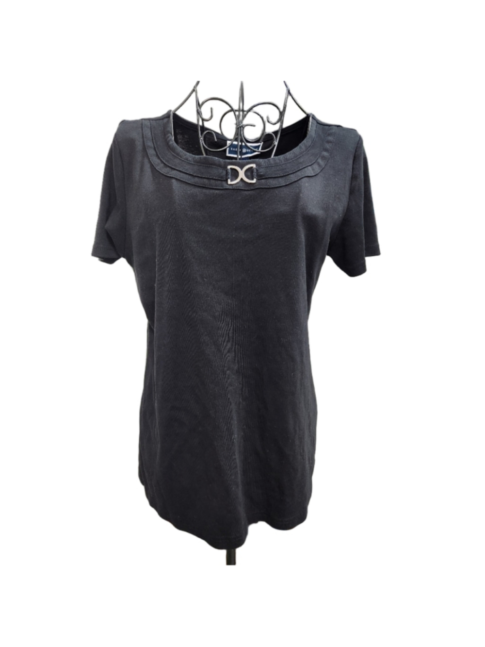 Karen Scott Black T-Shirt with Short Sleeves and Unique Neckline